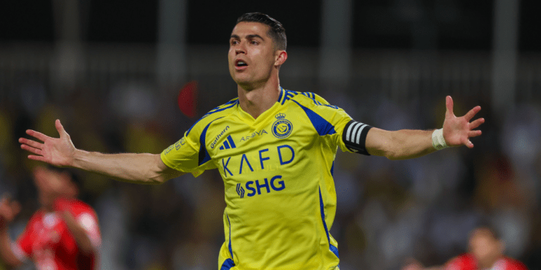 Cristiano Ronaldo celebrates scoring a goal for Al-Nassr.