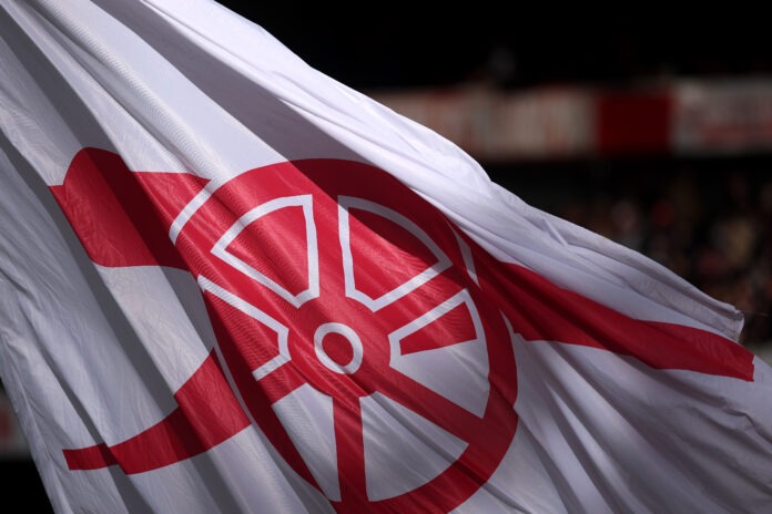 Arsenal - A detailed view of a flag featuring the Arsenal cannon prior to the Premier League match between Arsenal FC and Chelsea FC at Emirates Stadium on March 16, 2025 in London, England.