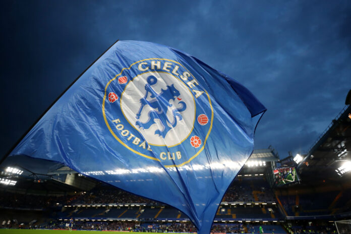Chelsea v Tottenham Hotspur - Pre Season Friendly The Chelsea club badge on a flag during the Pre Season Friendly match between Chelsea and Tottenham Hotspur at Stamford Bridge on August 04, 2021 in London, England.