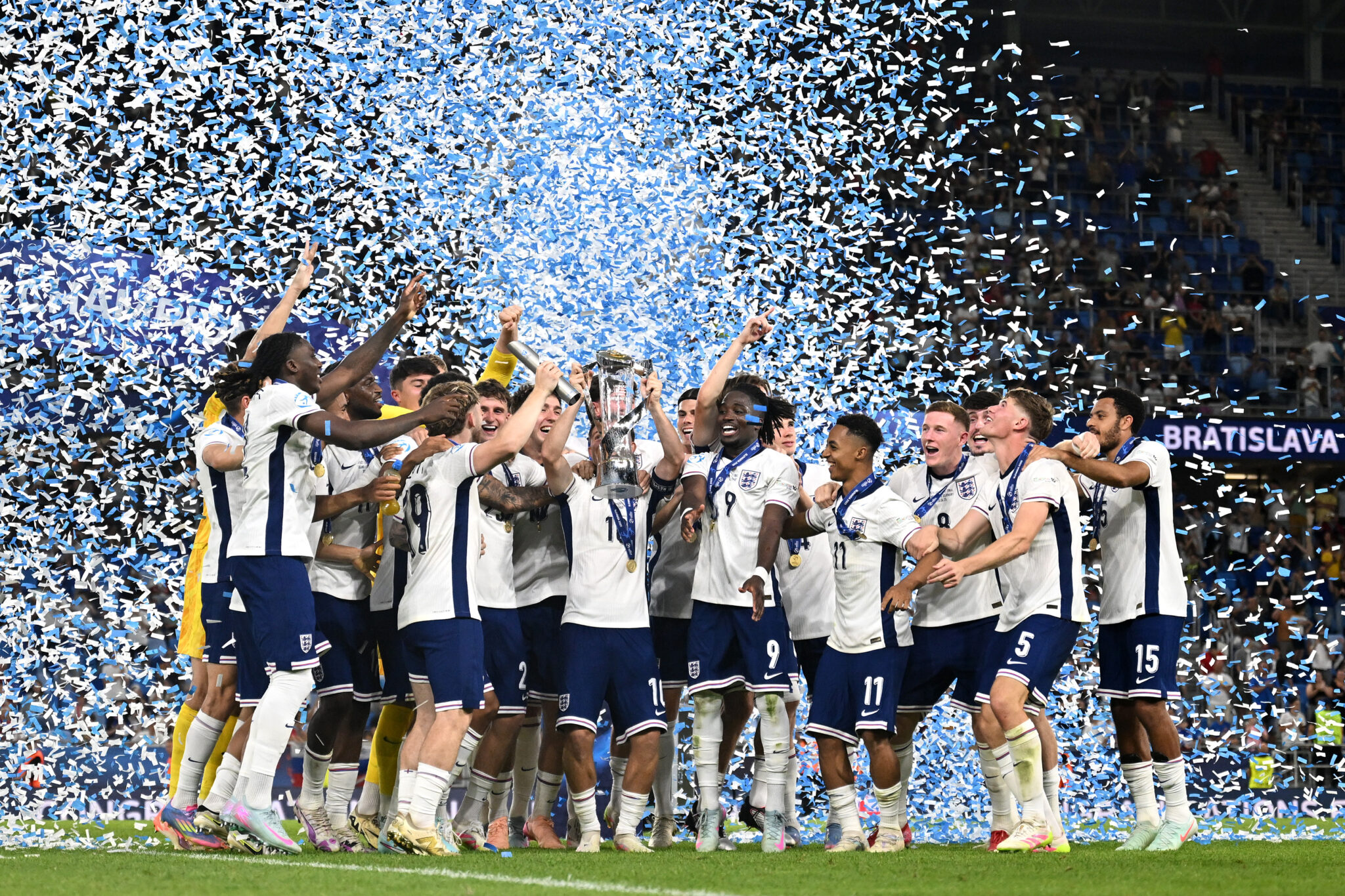 England U21 captain James McAtee lifts the UEFA European Under-21 Championship trophy after his team's victory in the UEFA European Under-21 Championship 2025 Final match between England and Germany at National Football stadium on June 28, 2025 in Bratislava, Slovakia.
