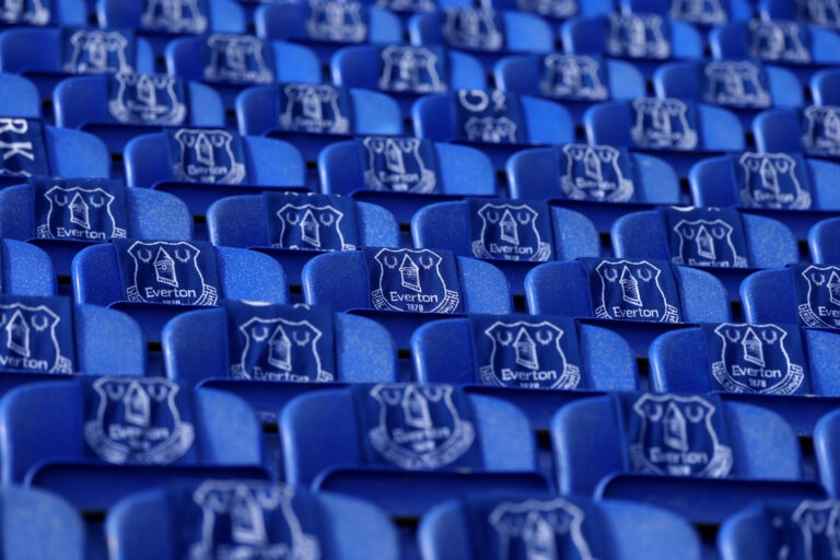 Everton scarves are draped over the setas for fans before the Premier League match between Everton FC and Southampton FC at Goodison Park on May 18, 2025 in Liverpool, England. Goodison Park, home of Everton Football Club since August 24, 1892, will play host to its final Men's First Team fixture today ahead of the clubs move to the Hill Dickinson Stadium for the 2025/26 season.