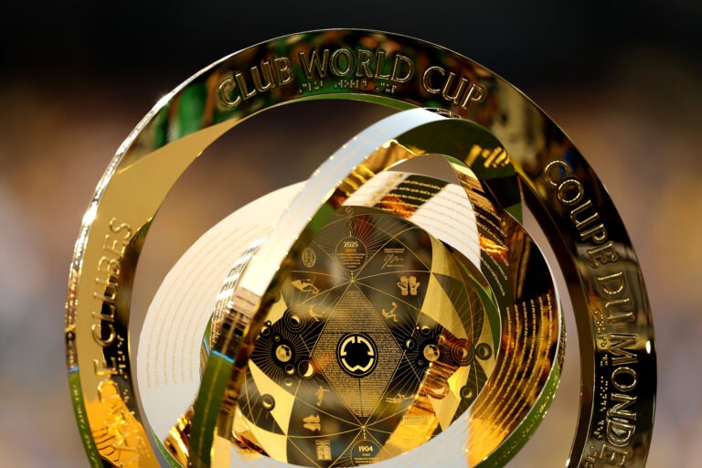 Club World Cup - A detailed view of the Club World Cup trophy before the game between the Los Angeles Football Club and Club América in a FIFA Club World Cup 2025 Play-In at BMO Stadium on May 31, 2025 in Los Angeles, California.