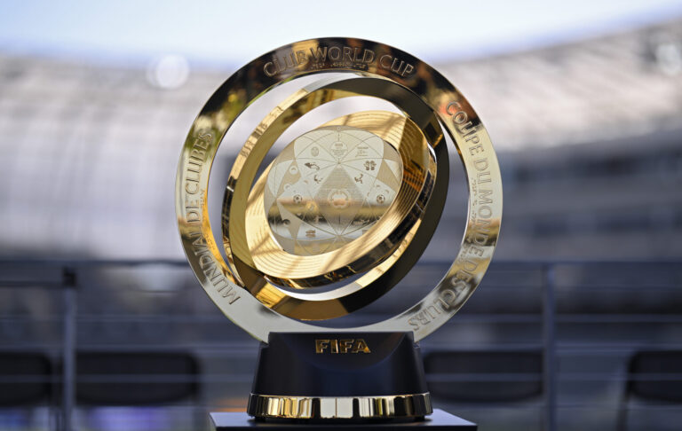 The FIFA Club World Cup trophy on display at BMO Stadium before the game between the Los Angeles FC and the Sporting Kansas City on June 08, 2025 in Los Angeles, California.