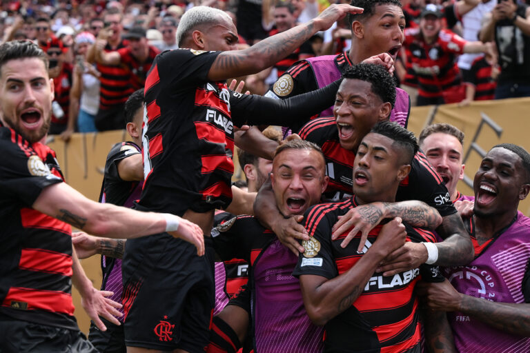 Flamengo player Bruno Henrique #27 celebrates with his teammates after scoring his team's first goal during the FIFA Club World Cup 2025 group D match between CR Flamengo and Chelsea FC at Lincoln Financial Field on June 20, 2025 in Philadelphia, Pennsylvania.