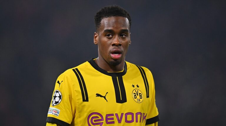 Jamie Gittens of Borussia Dortmund during the UEFA Champions League 2024/25 League Phase MD7 match between Bologna FC 1909 and Borussia Dortmund at Stadio Renato Dall'Ara on January 21, 2025 in Bologna, Italy.