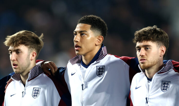 Jobe Bellingham of England lines up during the National Anthems prior to the Men's U21 international match between England and Portugal at The Hawthorns on March 24, 2025 in West Bromwich, England.