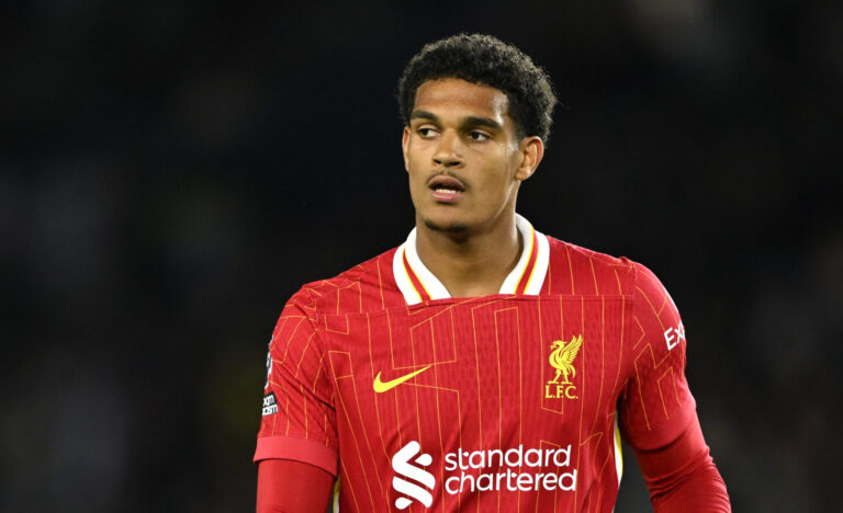 Liverpool player Jarell Quansah of looks o during the Premier League match between Brighton & Hove Albion FC and Liverpool FC at Amex Stadium on May 19, 2025 in Brighton, England.