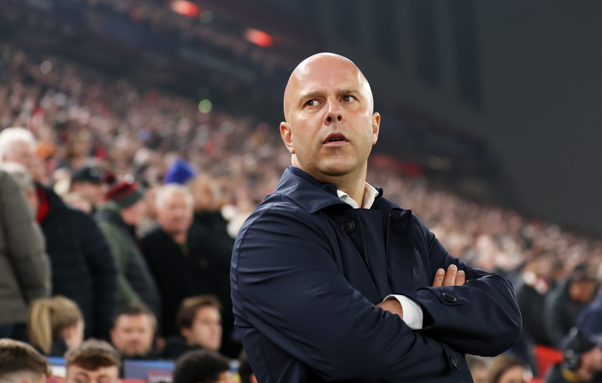 Liverpool manager Arne Slot looks on prior to the UEFA Champions League 2024/25 League Phase MD4 match between Liverpool FC and Bayer Leverkusen at Anfield on November 05, 2024 in Liverpool, England.