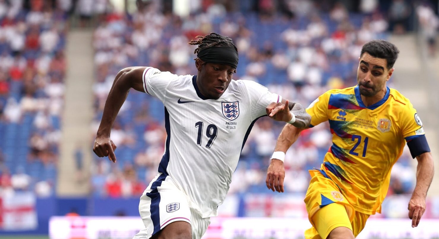 Noni Madueke of England runs with the ball under pressure from Marc Garcia of Andorra during the FIFA World Cup 2026 European Qualifier match between Andorra and England at RCDE Stadium on June 07, 2025 in Barcelona, Spain.