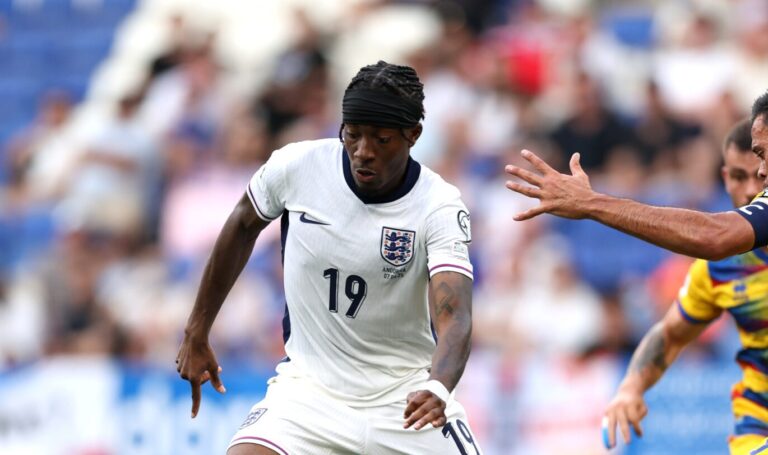 Noni Madueke of England runs with the ball under pressure from Marc Vales of Andorra during the FIFA World Cup 2026 European Qualifier match between Andorra and England at RCDE Stadium on June 07, 2025 in Barcelona, Spain.