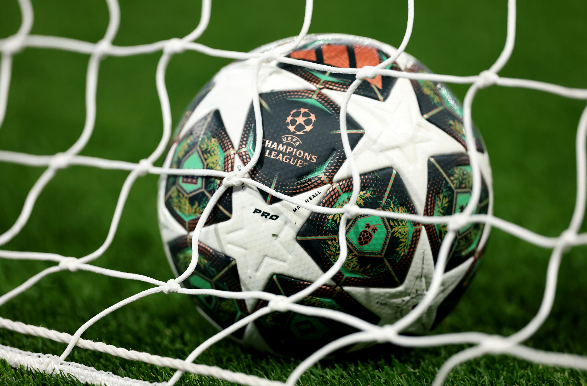 Champions League draw - Detail view of the Adidas Finale Munich match ball in the goal net as the teams warm-up prior to the UEFA Champions League 2024/25 Round of 16 first leg match between Paris Saint-Germain and Liverpool FC at Parc des Princes on March 05, 2025 in Paris, France.