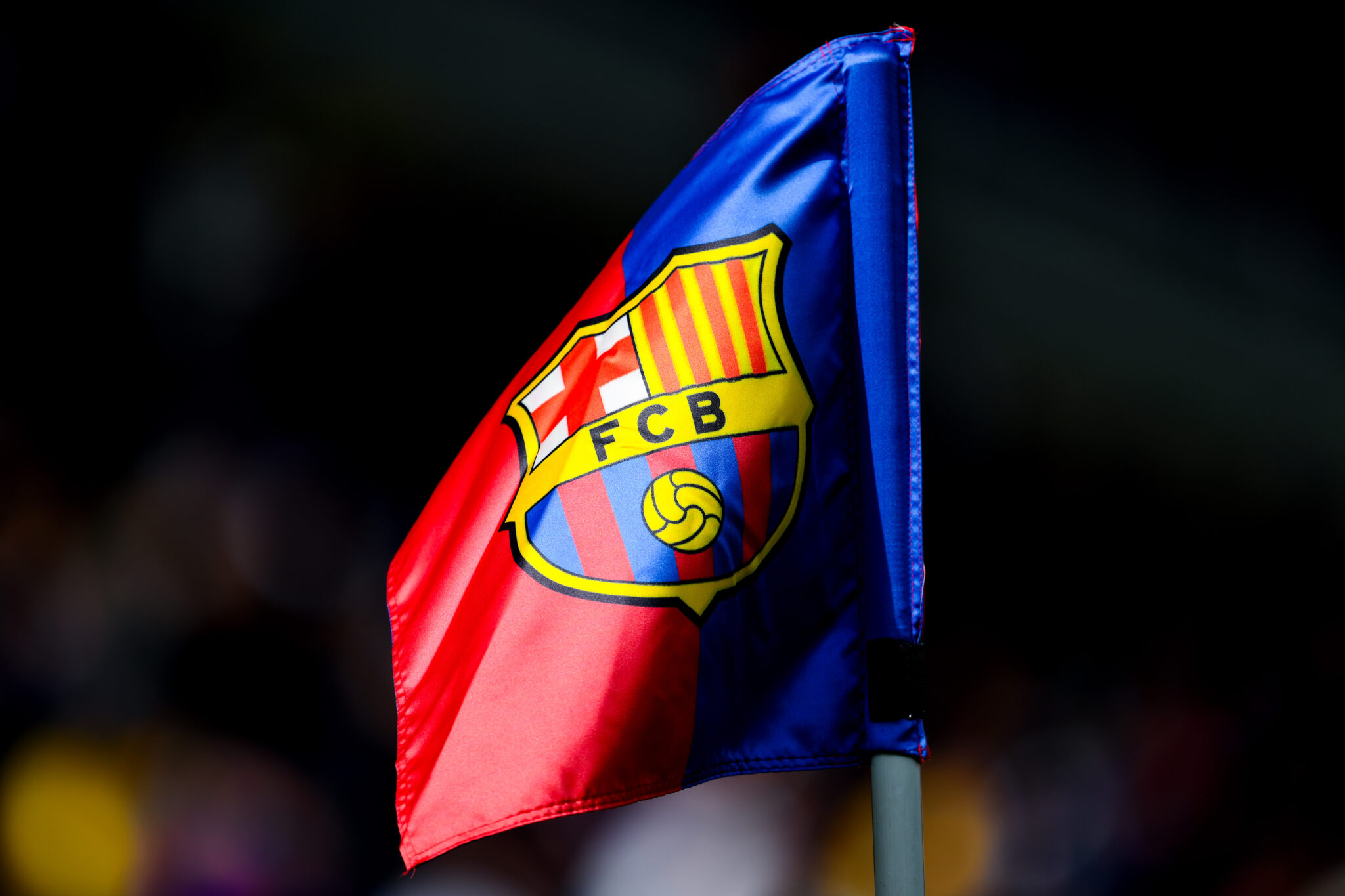 Barcelona badge sits on display in a corner flag during the LaLiga match between FC Barcelona and Deportivo Alaves at Estadi Olimpic Lluis Companys on February 02, 2025 in Barcelona, Spain.