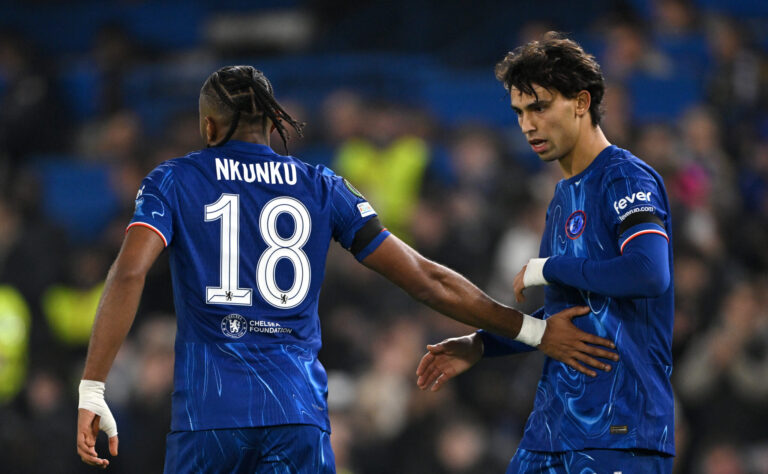 Chelsea player Joao Felix celebrates with teammate Christopher Nkunku after scoring his team's sixth goal during the UEFA Conference League 2024/25 League Phase MD3 match between Chelsea FC and FC Noah at Stamford Bridge on November 07, 2024 in London, England.