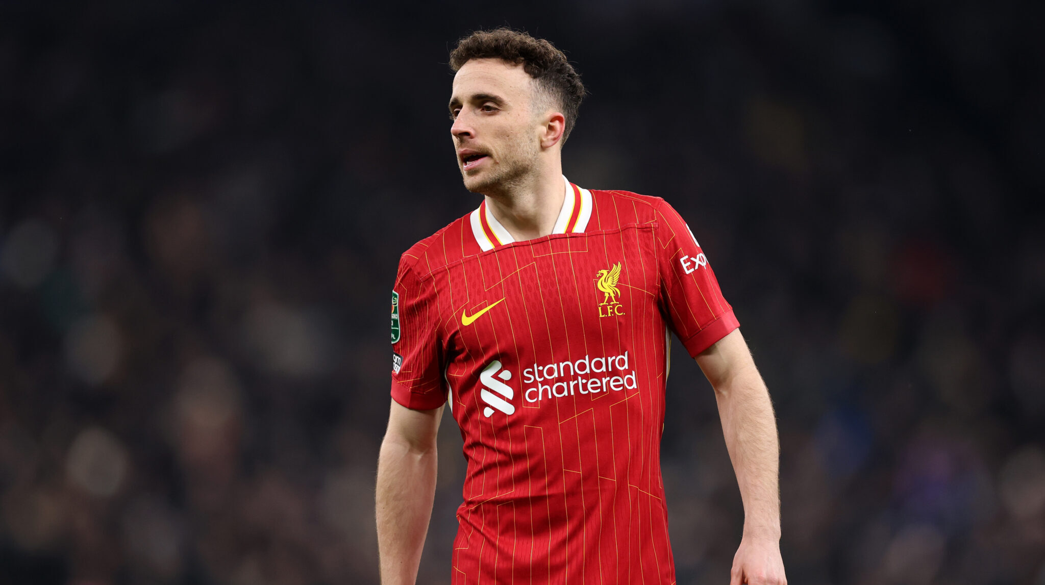Diogo Jota of Liverpool looks on during the Carabao Cup Semi Final First Leg match between Tottenham Hotspur and Liverpool at Tottenham Hotspur Stadium on January 08, 2025 in London, England.