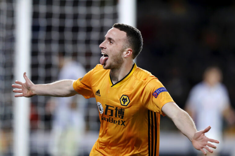 Diogo Jota of Wolves celebrates after scoring his team's first goal during the UEFA Europa League group K match between Wolverhampton Wanderers and Besiktas at Molineux on December 12, 2019 in Wolverhampton, United Kingdom.