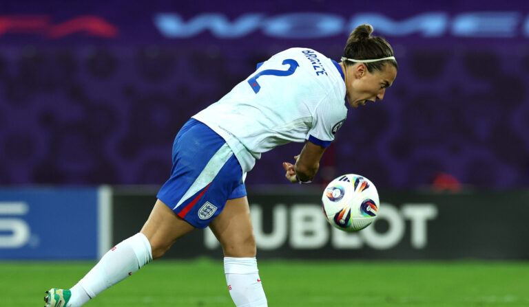 Lucy Bronze of England celebrates scoring the team's seventh penalty in the penalty shoot out during the UEFA Women's EURO 2025 Quarter-Final match between Sweden and England at Stadion Letzigrund on July 17, 2025 in Zurich, Switzerland.