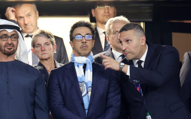 Sheikh Mansour, Owner of Manchester City and the City Football Group, and Khaldoon Al Mubarak, Chairman of Manchester City, look on prior to the UEFA Champions League 2022/23 final match between FC Internazionale and Manchester City FC at Ataturk Olympic Stadium on June 10, 2023 in Istanbul, Turkey.