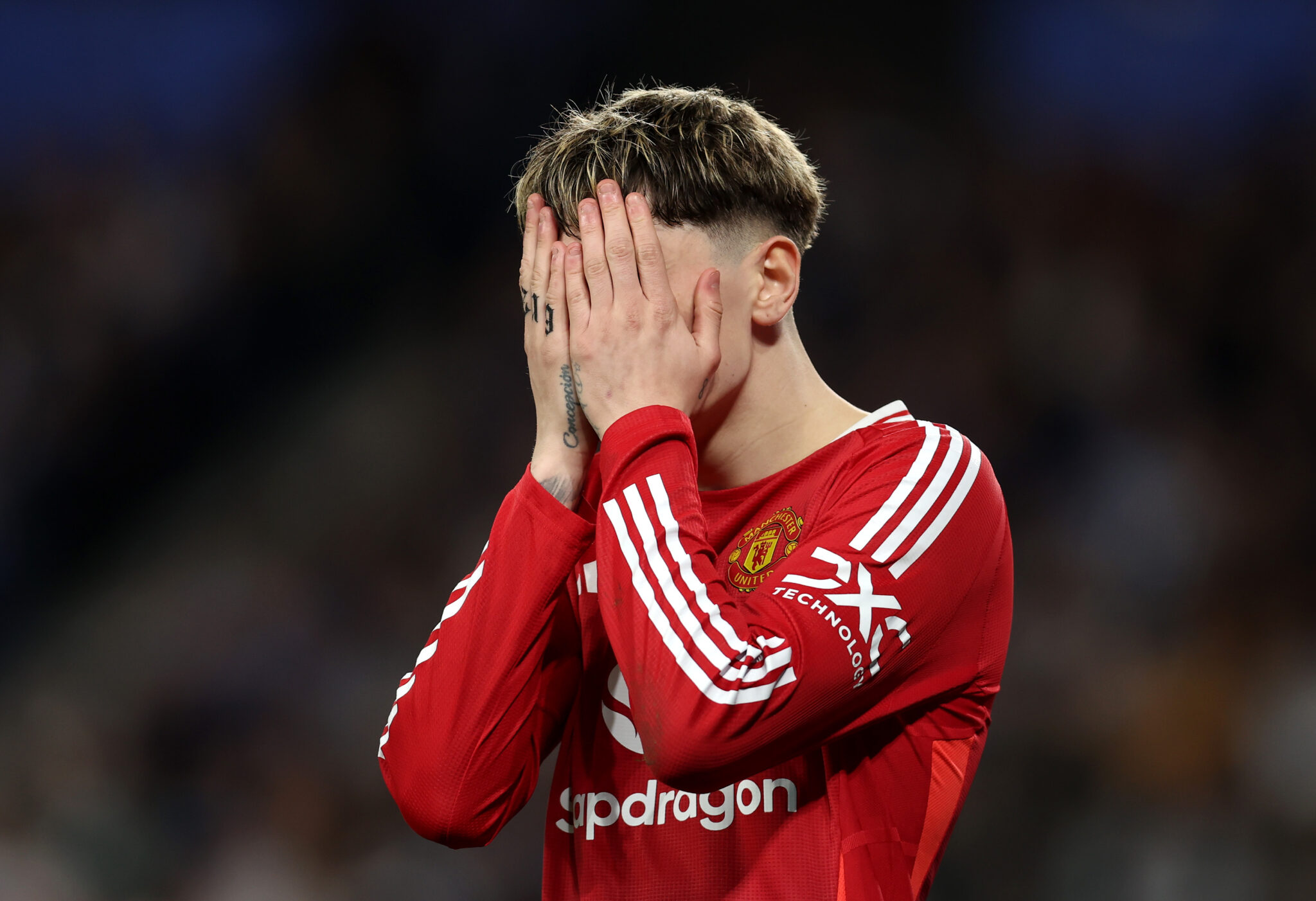 Man United player Alejandro Garnacho reacts during the UEFA Europa League 2024/25 Round of 16 First Leg match between Real Sociedad de Futbol and Manchester United at Reale Arena on March 06, 2025 in San Sebastian, Spain.