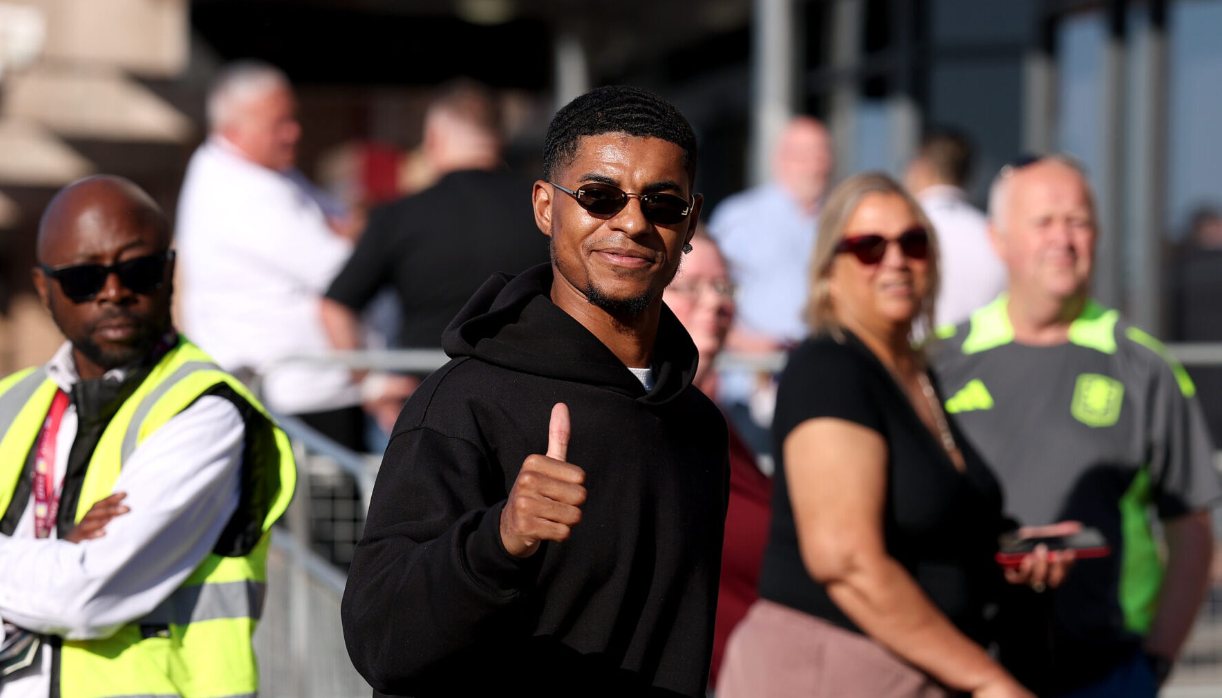 Man Utd forward Marcus Rashford arrives at the stadium prior to the Premier League match between Aston Villa FC and Tottenham Hotspur FC at Villa Park on May 16, 2025 in Birmingham, England.