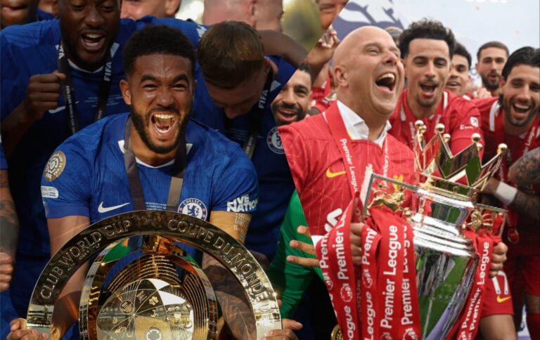 Chelsea captain Reece James with the FIFA Club World Cup and Liverpool manager Arne Slot holds the Premier League trophy.
