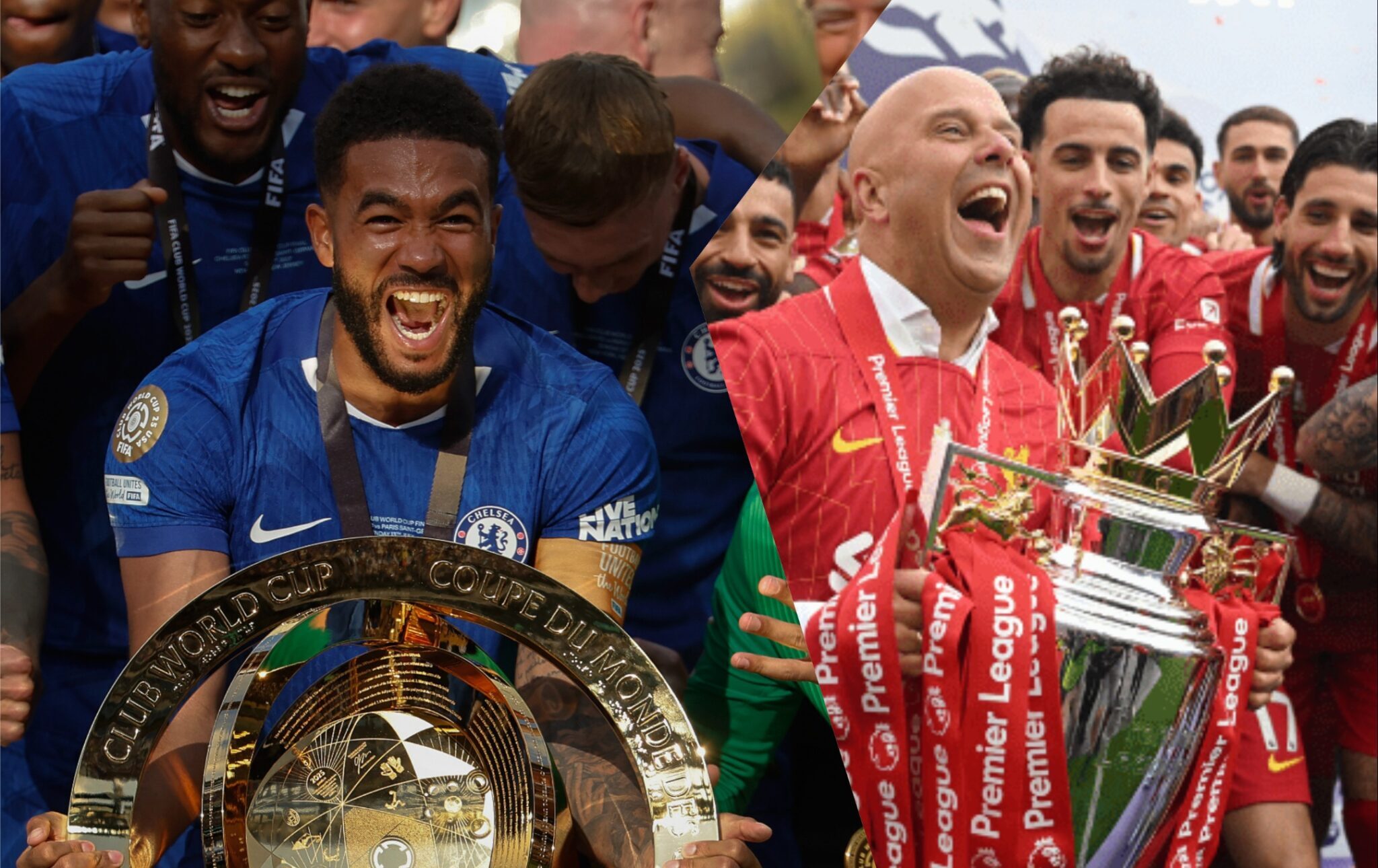 Chelsea captain Reece James with the FIFA Club World Cup and Liverpool manager Arne Slot holds the Premier League trophy.