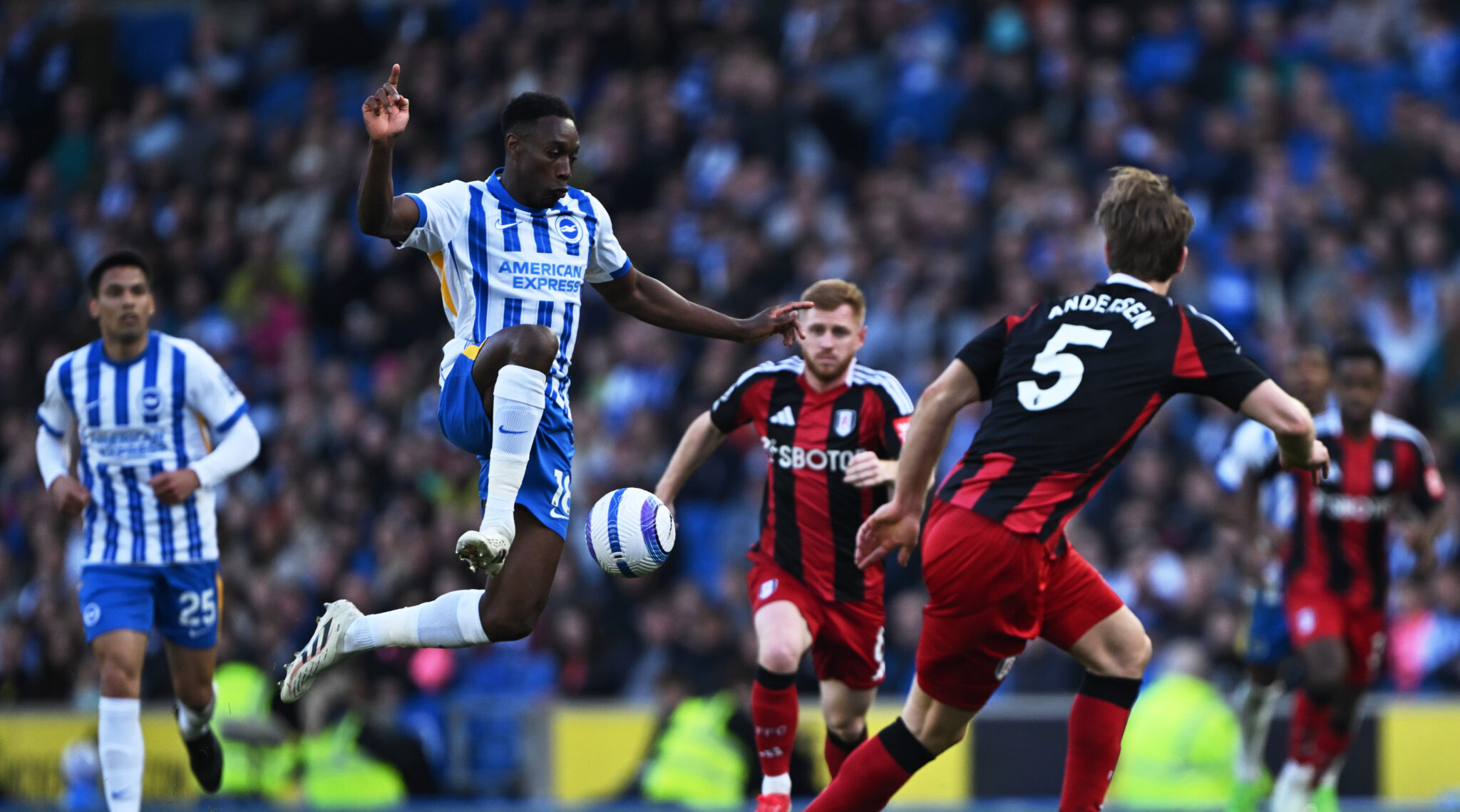 Brighton forward Danny Welbeck controls an aerial ball during the Premier League match between Brighton & Hove Albion FC and Fulham FC at Amex Stadium on March 08, 2025 in Brighton, England.