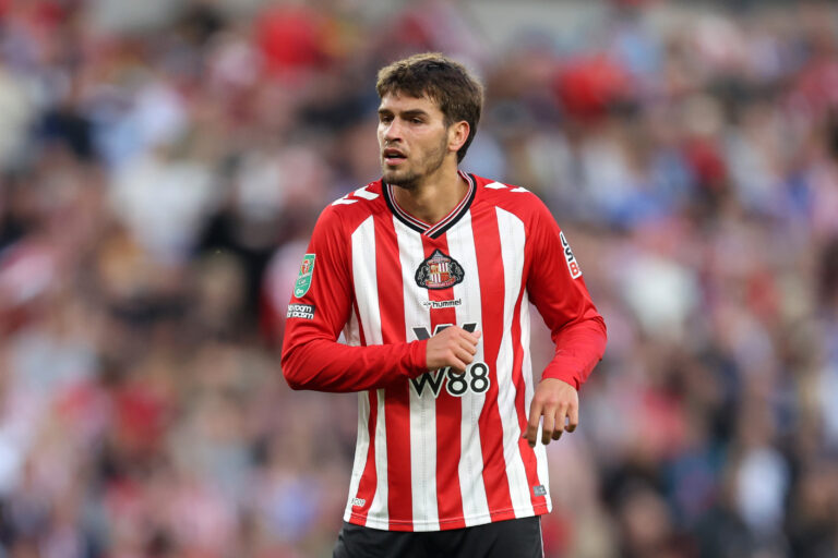 Chelsea striker Marc Guiu in action while on loan with Sunderland.