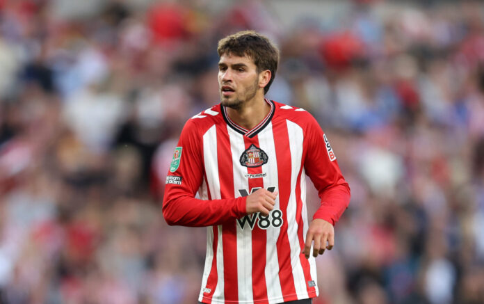 Chelsea striker Marc Guiu in action while on loan with Sunderland.