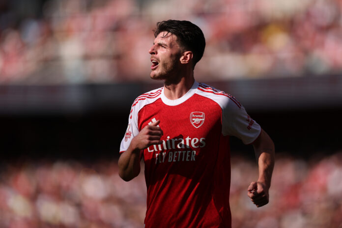 Declan Rice of Arsenal during the pre-season friendly match between Arsenal and Athletic Club at Emirates Stadium on August 09, 2025 in London, England.