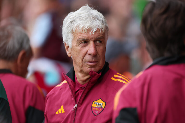 Roma manager Gian Piero Gasperini looks on before the pre-season friendly match between Aston Villa and AS Roma at Pallet-Track Bescot Stadium on August 06, 2025 in Walsall, England.
