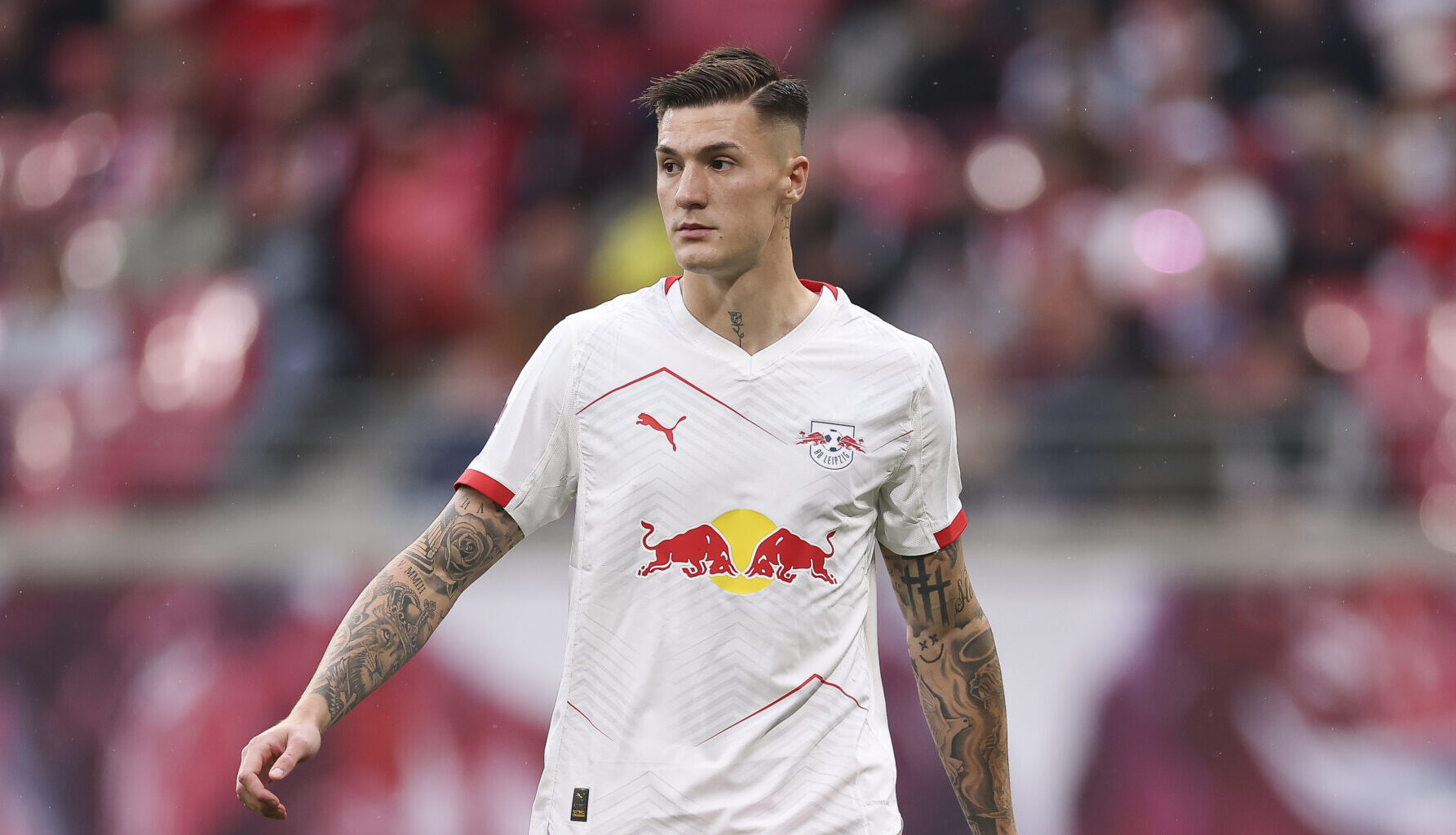 Man Utd transfer signing Benjamin Sesko of RB Leipzig looks on during the Bundesliga match between RB Leipzig and VfB Stuttgart at Red Bull Arena on May 17, 2025 in Leipzig, Germany.