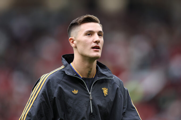 Benjamin Sesko of Man Utd looks on, as he is unveiled to the fans after signing for the team, prior to the pre-season friendly match between Manchester United and ACF Fiorentina at Old Trafford on August 09, 2025 in Manchester, England.