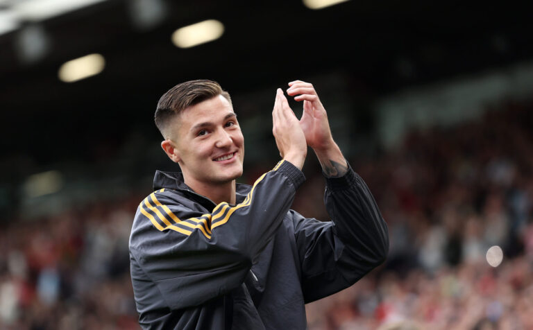 Benjamin Sesko of Man Utd acknowledges the fans, as he is unveiled to the fans after signing for the team, prior to the pre-season friendly match between Manchester United and ACF Fiorentina at Old Trafford on August 09, 2025 in Manchester, England.