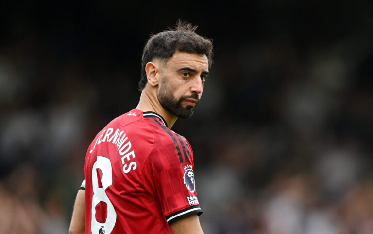 Bruno Fernandes of Manchester United reacts after missing a penalty kick during the Premier League match between Fulham and Manchester United at Craven Cottage on August 24, 2025 in London, England.