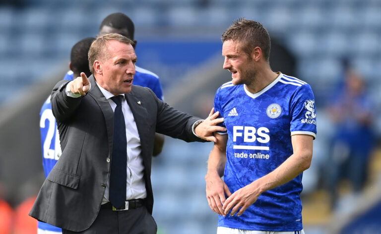 Celtic manager Brendan Rodgers celebrates with Jamie Vardy of Leicester City following victory in the Premier League match between Leicester City and Wolverhampton Wanderers at The King Power Stadium on August 14, 2021 in Leicester, England.