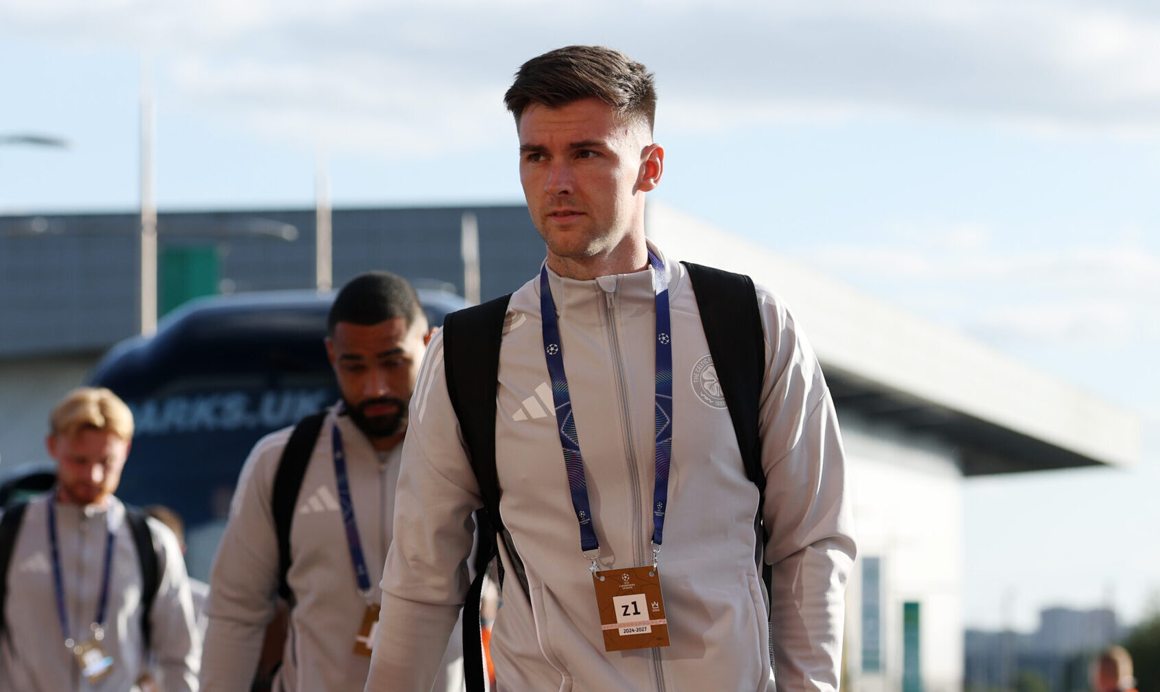 Kieran Tierney of Celtic arrives at the stadium prior to the UEFA Champions League Play-offs Round First Leg match between Celtic and Kairat Almaty at Celtic Park on August 20, 2025 in Glasgow, Scotland.