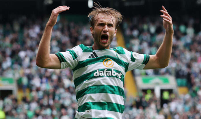 Celtic player Benjamin Nygren celebrates scoring his team's second goal during League match between Celtic and Livingston at Celtic Park on August 23, 2025 in Glasgow, Scotland.