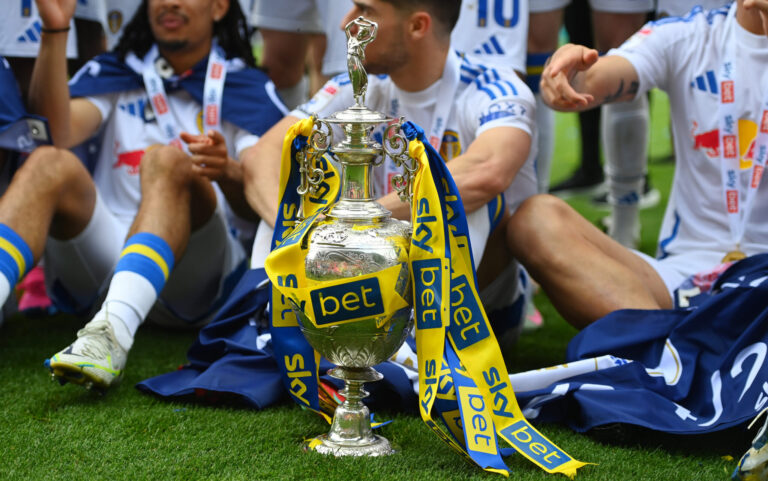 Premier League - A detailed view of the Sky Bet Championship trophy which was won by Leeds United after the teams 2-1 victory, which confirmed that the team has won the Sky Bet Championship and promotion to the Premier League following the Sky Bet Championship match between Plymouth Argyle FC and Leeds United FC at Home Park on May 03, 2025 in Plymouth, England.
