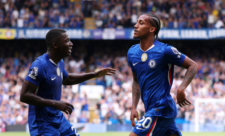 Premier League - Joao Pedro of Chelsea celebrates scoring his team's first goal with teammate Moises Caicedo during the Premier League match between Chelsea and Fulham at Stamford Bridge on August 30, 2025 in London, England.
