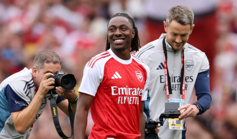 Eberechi Eze is presented to the fans prior to the Premier League match between Arsenal and Leeds United at Emirates Stadium on August 23, 2025 in London, England.