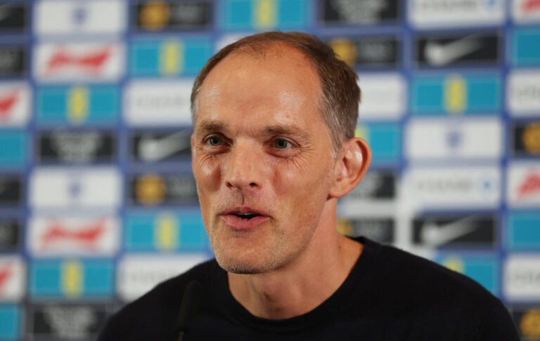 Thomas Tuchel, Head Coach of England speaks to the media during an England Men Press Conference at Hilton Wembley on August 29, 2025 in Wembley, England.