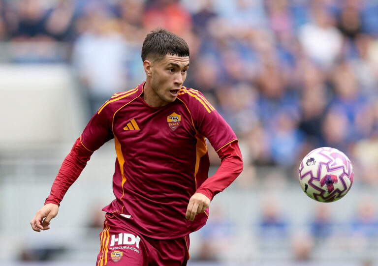 AS Roma player Matias Soule during the pre-season friendly match between Everton and AS Roma at Hill Dickinson Stadium on August 09, 2025 in Liverpool, England.