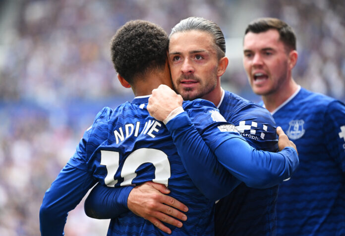 Jack Grealish of Everton celebrates his team's first goal with teammate Iliman Ndiaye during the Premier League match between Everton and Brighton & Hove Albion at Hill Dickinson Stadium on August 24, 2025 in Liverpool, England.