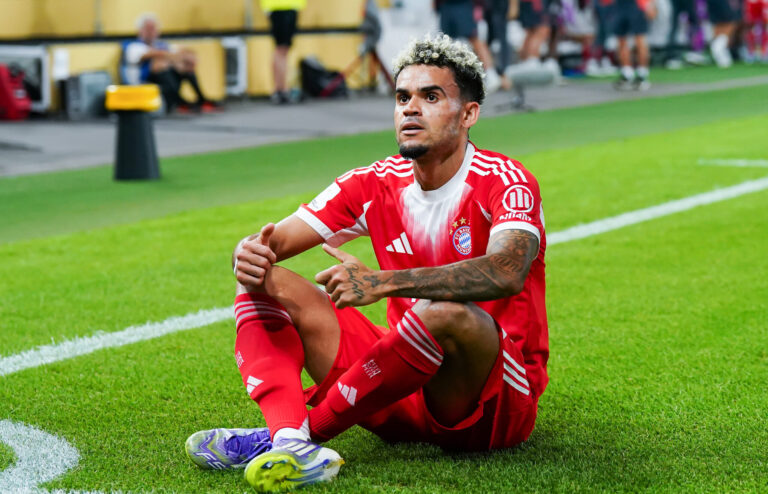 Luis Diaz of Bayern Munich celebrates after scoring his team's second goal during the Franz-Beckenbauer-Supercup 2025 match between VfB Stuttgart and FC Bayern München at MHPArena on August 16, 2025 in Stuttgart, Germany.