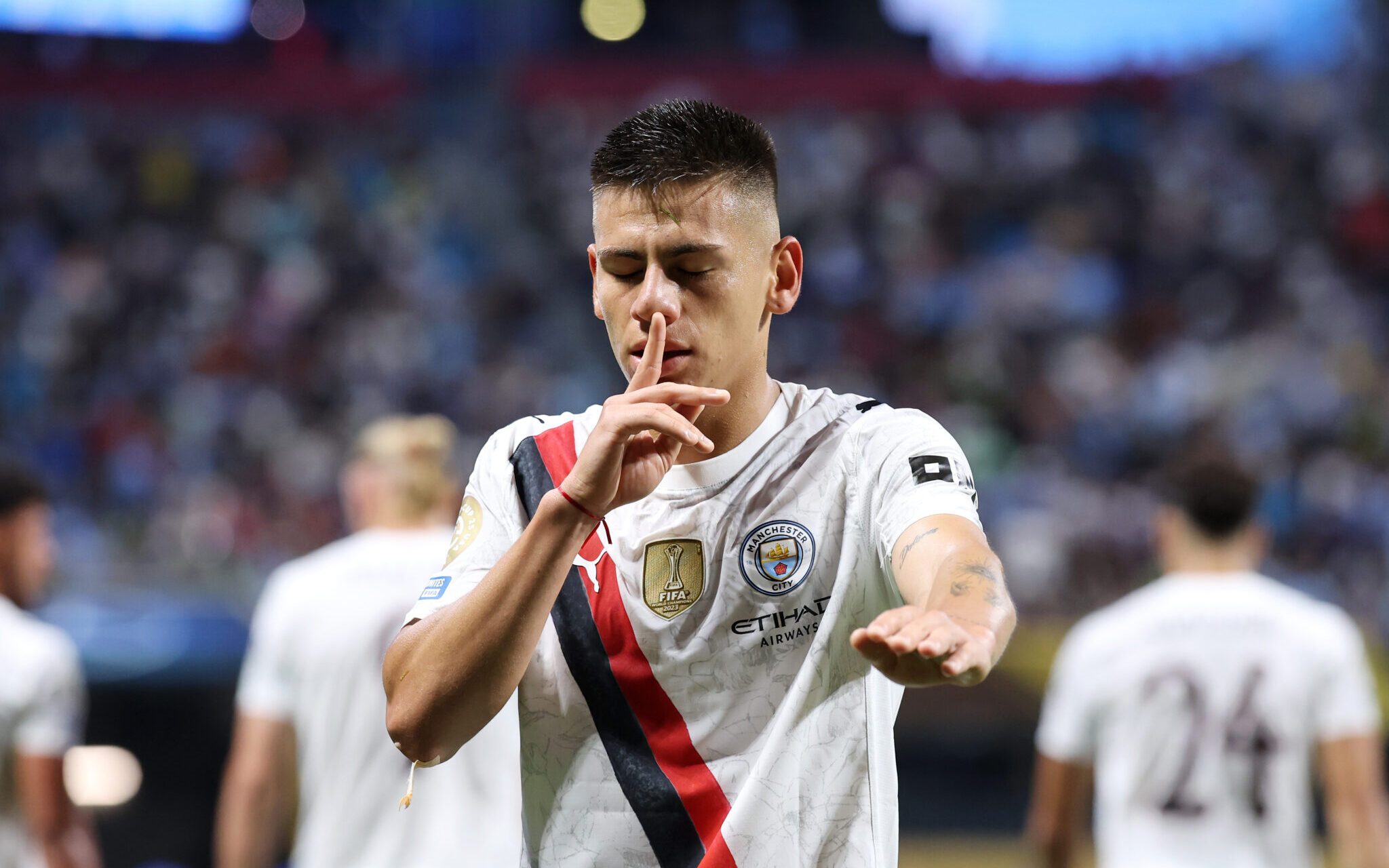 Man City player Claudio Echeverri #30 celebrates scoring his team's second goal during the FIFA Club World Cup 2025 group G match between Manchester City FC and Al Ain FC at Mercedes-Benz Stadium on June 22, 2025 in Atlanta, Georgia.