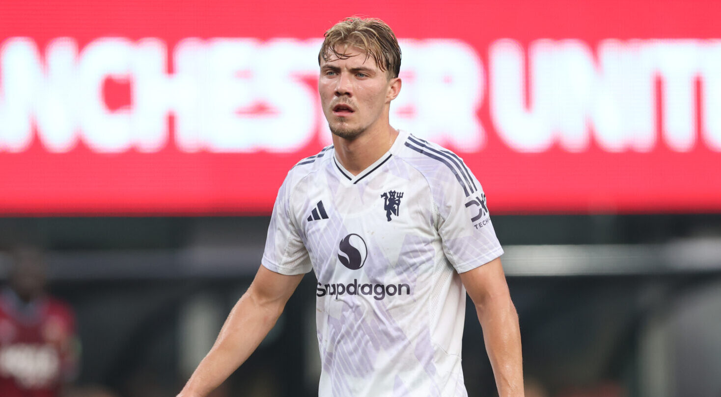 Man Utd striker Rasmus Højlund in action against West Ham United during a Premier League Summer Series match at MetLife Stadium on July 26, 2025 in East Rutherford, New Jersey.