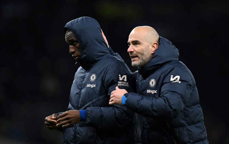 Chelsea manager Enzo Maresca interacts with Nicolas Jackson of Chelsea after the Premier League match between Tottenham Hotspur FC and Chelsea FC at Tottenham Hotspur Stadium on December 08, 2024 in London, England.