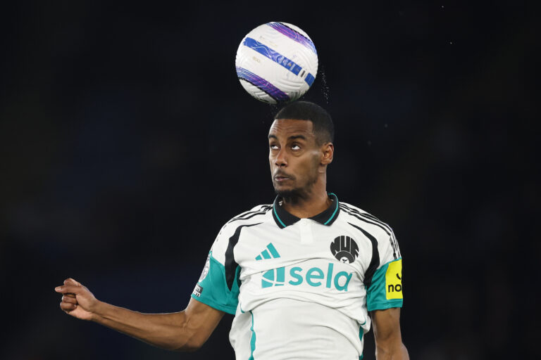 Newcastle United striker Alexander Isak heads the ball the Premier League match between Leicester City FC and Newcastle United FC at The King Power Stadium on April 07, 2025 in Leicester, England.