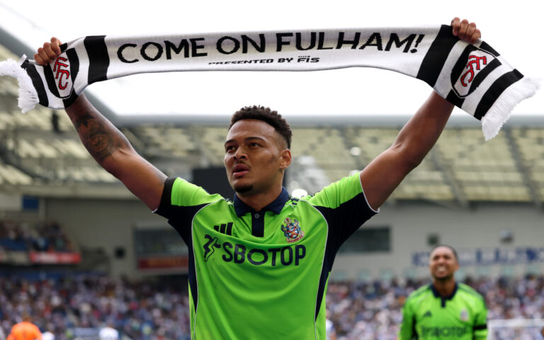 Rodrigo Muniz of Fulham celebrates scoring his team's first goal during the Premier League match between Brighton & Hove Albion and Fulham at Amex Stadium on August 16, 2025 in Brighton, England.