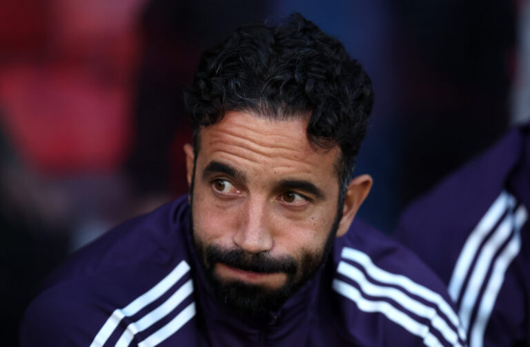 Ruben Amorim , Manager of Man Utd, looks dejected during the Carabao Cup Second Round match between Grimsby Town and Manchester United at Blundell Park on August 27, 2025 in Grimsby, England.